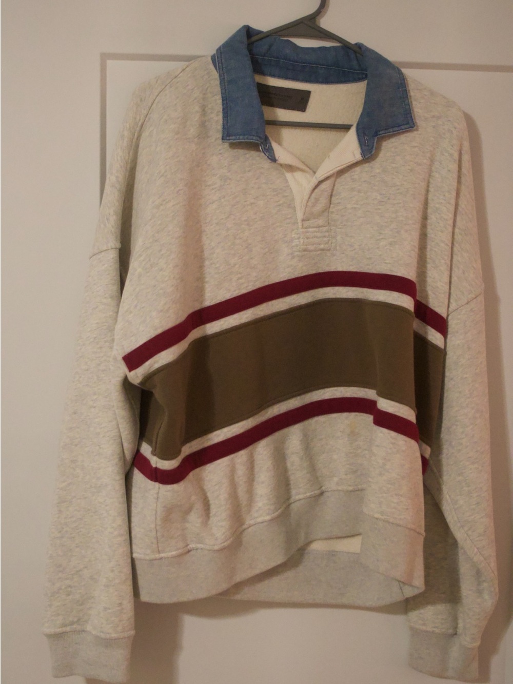 Abercrombie & Fitch Cream Crewneck Rugby Sweater with Olive and Burgundy Stripes